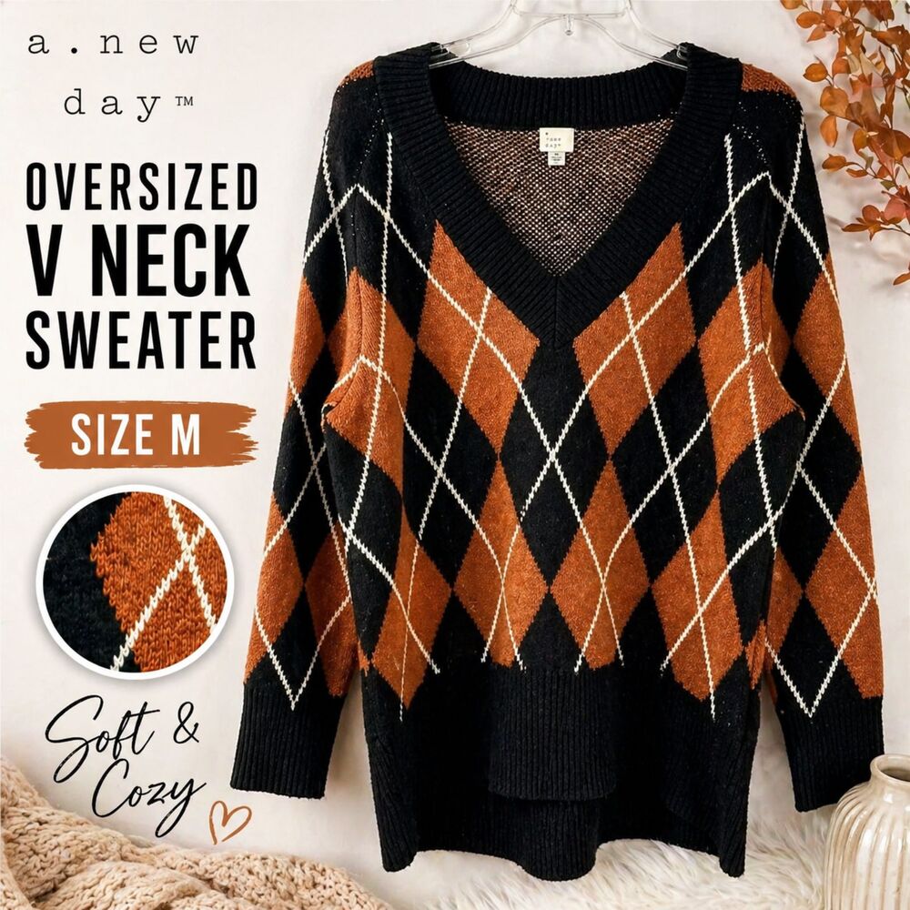 A New Day Argyle Sweater Womens M Oversized V Neck Brown Black Cozy Soft